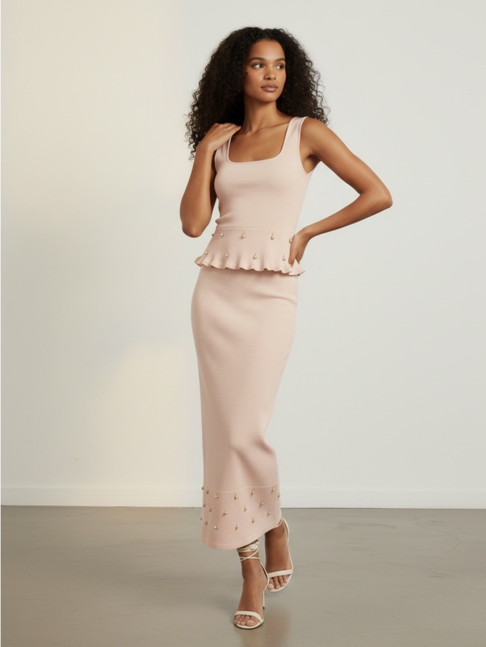 1486 • Apricot Cream Shaping Knit Dangling Shells of Gold Embellished Skirt Set